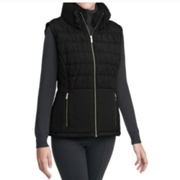 Calvin Klein Black Quilted Fun Faux Fur Collar Vest, Excellent Condition, Small - Picture 1 of 10